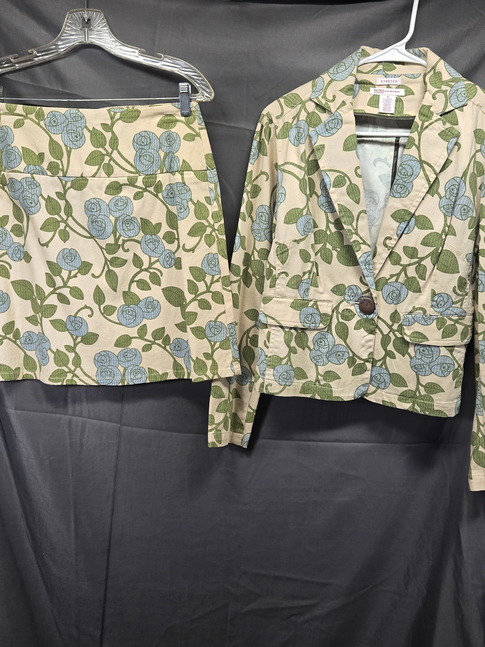 NWT Set Of 2! Nine West Stretch Women Beige Green Floral Blazer Size 6 & Skirt 4